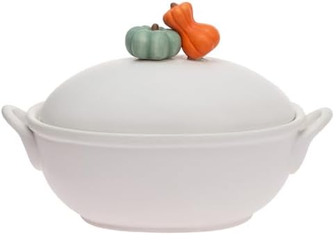 Boston International Porcelain Casserole Dish with Lid Fall Autumn Thanksgiving Deep Serving Dishes, Large, White with Pumpkin Accent by BostonInternational