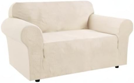 H.VERSAILTEX Stretch Couch Cover Loveseat Covers for 2 Cushion Couch Sofa Cover for Love seat 1 Piece with Elastic Bottom, Textured Checked Jacquard Fabric(Loveseat 58"-70" Wide, Natural)