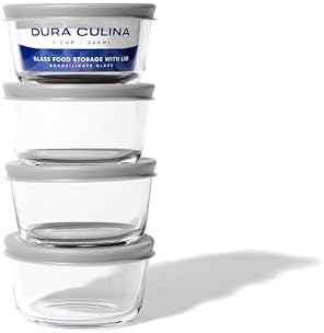 8-Piece Glass Food Storage Containers Set (4 Containers + 4 BPA-Free Lids) | 1-Cup, Leakproof | Microwave, Freezer, Oven & Dishwasher Safe | Ideal for Meal Prep & Pantry Organization, Grey