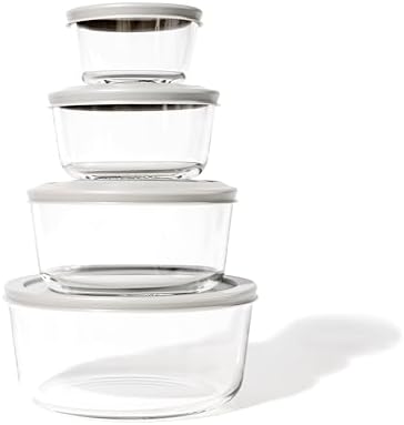 8-Piece Glass Food Storage Containers Set (4 Containers + 4 Lids) | Round, Nesting, Microwave & Dishwasher Safe | BPA-Free, Space-Saving | Grey Lids for Pantry & Kitchen Organization, Grey