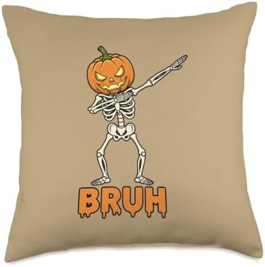 Thanksgiving Bruh Pumpkin Skeleton Dabbing, Funny Halloween Throw Pillow by Unknown