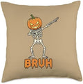 Thanksgiving Bruh Pumpkin Skeleton Dabbing, Funny Halloween Throw Pillow by Unknown
