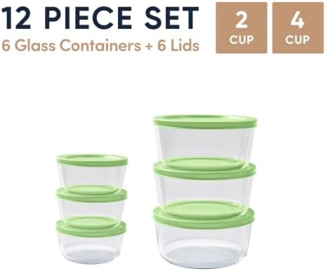12-Piece Glass Food Storage Containers Set (6 Containers + 6 BPA-Free Lids) | 2-Cup & 4-Cup, Leakproof | Microwave, Freezer, Oven & Dishwasher Safe | Ideal for Meal Prep & Pantry Organization, green