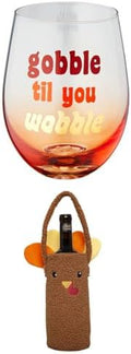 Bundle of Pearhead Gobble Til You Wobble Stemless Wine Glass, Orange Gradient, 15oz + Thanksgiving Turkey Wine Bottle Holder – Soft Sherpa Reusable Gift Bag by Pearhead