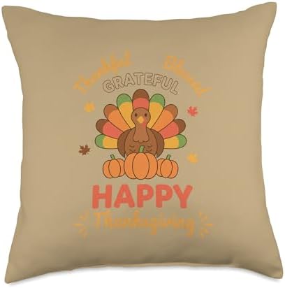 Thankful Grateful Blessed Happy Thanksgiving Turkey Pumpkin Throw Pillow by Unknown
