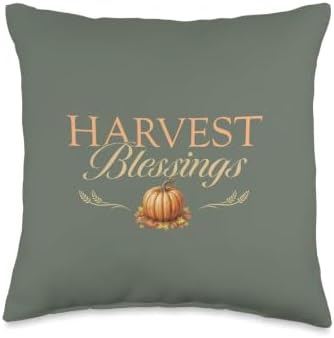 Harvest Blessings Pumpkin Wheat Fall Autumn Thanksgiving Throw Pillow by Unknown