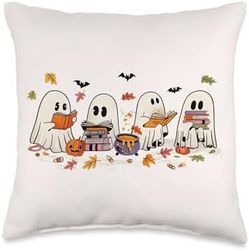 Cute Ghosts Reading Books Halloween Bookworm Book Lover Throw Pillow