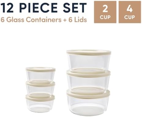 12-Piece Glass Food Storage Containers Set (6 Containers + 6 BPA-Free Lids) | 2-Cup & 4-Cup, Leakproof | Microwave, Freezer, Oven & Dishwasher Safe | Ideal for Meal Prep & Pantry Organization, Beige