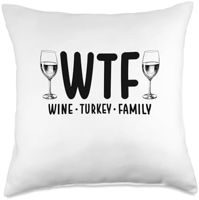 Cute WTF Wine Turkey Friends Thanksgiving 2024 Men Women Throw Pillow by Unknown