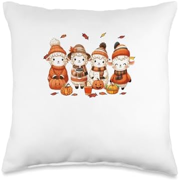 Group Cute Sheeps Thanksgiving Flowers Fall Pumpkins Farmer Throw Pillow by Unknown