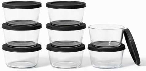 16-Piece Glass Food Storage Containers Set (8 Containers + 8 BPA-Free Lids) | 1-Cup, Leakproof | Microwave, Freezer, Oven & Dishwasher Safe | Ideal for Meal Prep & Pantry Organization, Black