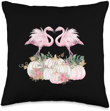 Fall Flamingo Autumn Pumpkin Watercolor Thanksgiving Throw Pillow by Unknown