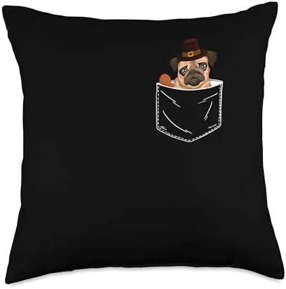 Thankful Turkey Kids Women Men Thanksgiving Outfit Pocket Pilgrim Pug Turkey Thanksgiving Dog Lover Funny Fall Throw Pillow, 18x18, Multicolor by Unknown