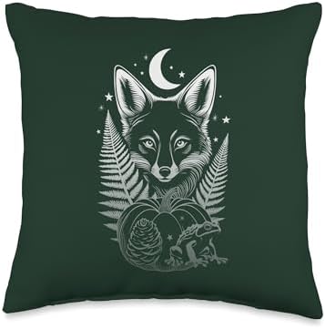 Fox with Fern Frog and Pumpkin Dark Autumn Thanksgiving Fox Throw Pillow by Unknown