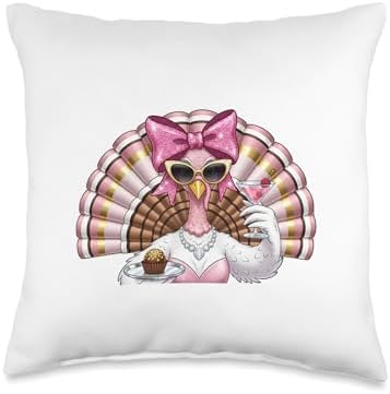 Funny Glam Turkey Thanksgiving Outfit Pink Bow Holiday Humor Throw Pillow by Unknown