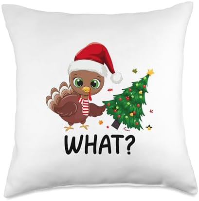 Funny Turkey Pushing Christmas Tree What? Xmas Thanksgiving Throw Pillow by Unknown