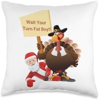 Funny Thanksgiving Wait Your Turn Fat Boy Funny Santa Turkey Throw Pillow by Unknown