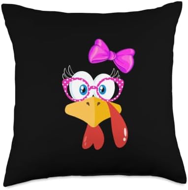 Cute Turkey Face Girl Pink Bow shirt Funny Thanksgiving girl Throw Pillow by Unknown