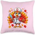 Cute Turkey Nurse Stethoscope Thanksgiving Scrub Fall Leaves Throw Pillow by Unknown