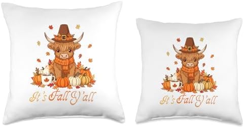 Fall Y'all Thanksgiving Highland Cow Autumn Leaves Pumpkins Throw Pillow - Image 3