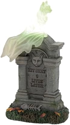 Department 56 Village Collection Accessories Halloween Kit E. Kat Cat Ghost on Tombstone Lit Figurine, 3.8 Inch, Multicolor