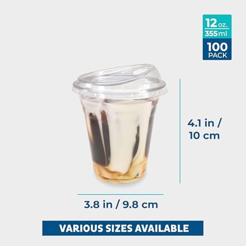 Freshware Clear Plastic Cups with Strawless Sip Lids [100 Cups - 12 oz] Disposable Cup for Iced Coffee, Smoothie, Milkshake, Cold Drinks - Image 3