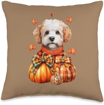 Watercolor Bichon Frisé Dog Pumpkin Autumn Fall Thanksgiving Throw Pillow by Unknown