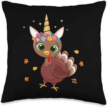 Cute Turkey Unicorn Thanksgiving Turkey Trot Squad Rainbow Throw Pillow by Unknown