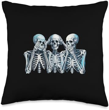 Speak Hear See No Evil Skeleton Three Wise Skeletons Throw Pillow