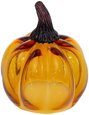 Boston International Hand Blown Glass Pumpkin Tabletop Mantel Shelf Fall Autumn Thanksgiving Halloween Decorations for Home, Small, Amber Orange