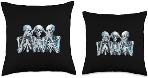 Speak Hear See No Evil Skeleton Three Wise Skeletons Throw Pillow