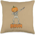 Thanksgiving Bruh Pumpkin Skeleton Dabbing, Funny Halloween Throw Pillow by Unknown