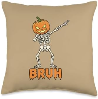 Thanksgiving Bruh Pumpkin Skeleton Dabbing, Funny Halloween Throw Pillow by Unknown
