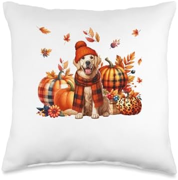 Golden Retriever Thanksgiving Leopard Pumpkins Fall Leaves Throw Pillow by Unknown