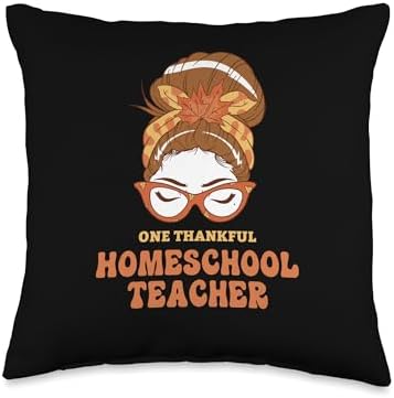Thanksgiving Holiday Gifts and Designs Messy Bun Homeschool Teacher Thanksgiving Woman Throw Pillow, 16x16, Multicolor by Unknown