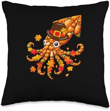 Fall Leaves Pumpkins Squid Cute Shape Thanksgiving Animal Throw Pillow by Unknown