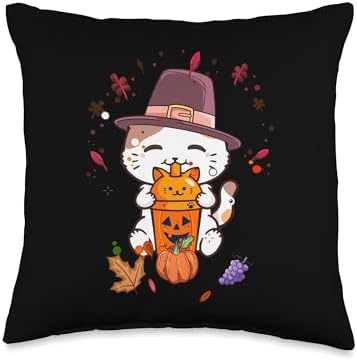 Cute Thanksgiving Pilgrim Kawaii Cat Drinking Pumpkin Spice Throw Pillow by Unknown