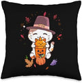 Cute Thanksgiving Pilgrim Kawaii Cat Drinking Pumpkin Spice Throw Pillow by Unknown