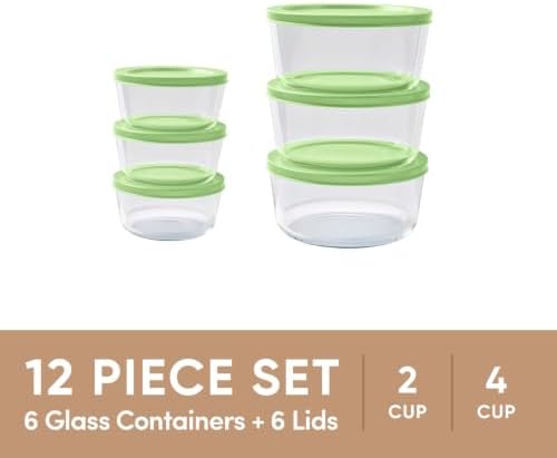 12-Piece Glass Food Storage Containers Set (6 Containers + 6 BPA-Free Lids) | 2-Cup & 4-Cup, Leakproof | Microwave, Freezer, Oven & Dishwasher Safe | Ideal for Meal Prep & Pantry Organization, green