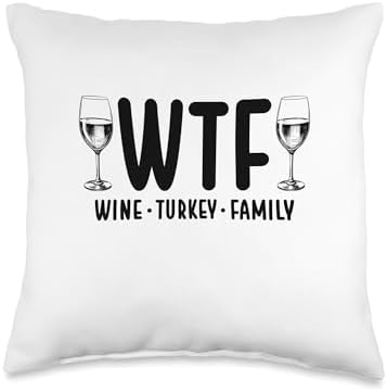Cute WTF Wine Turkey Friends Thanksgiving 2024 Men Women Throw Pillow by Unknown