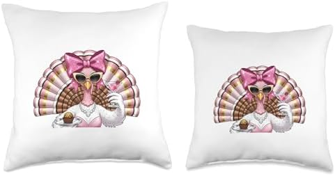 Funny Glam Turkey Thanksgiving Outfit Pink Bow Holiday Humor Throw Pillow - Image 3