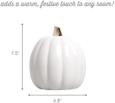 Pearhead Ceramic Pumpkin Fall Decor with Gold Stem, White - Image 3