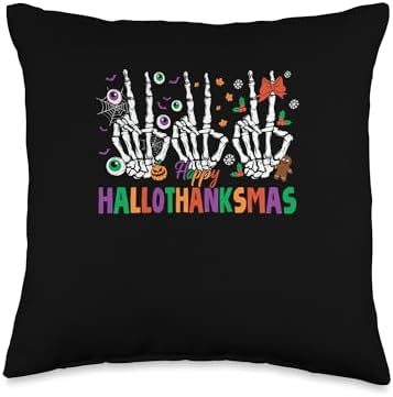Halloween Thanksgiving Christmas HalloThanksMas Skeleton Throw Pillow by Unknown