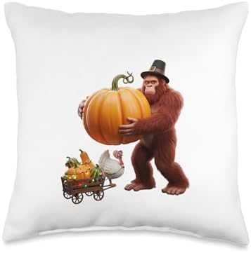 Bigfoot Holding Pumpkin Funny Turkey Thanksgiving Fall Throw Pillow by Unknown