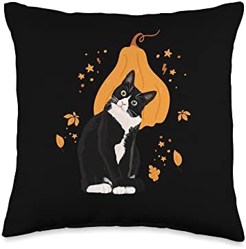 Tuxedo Cat Meow Thanksgiving Black Cat Cute Tuxie Lover Throw Pillow by Unknown