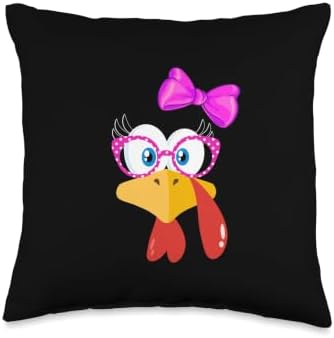 Cute Turkey Face Girl Pink Bow shirt Funny Thanksgiving girl Throw Pillow by Unknown