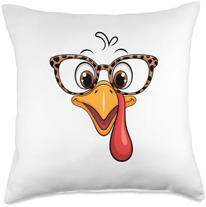 Cute Turkey Face with Leopard Glasses | Thanksgiving Throw Pillow by Unknown