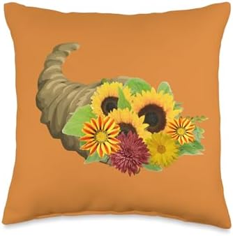 Pretty Cornucopia Planter Autumn Fall Sunflower Thanksgiving Throw Pillow by Unknown