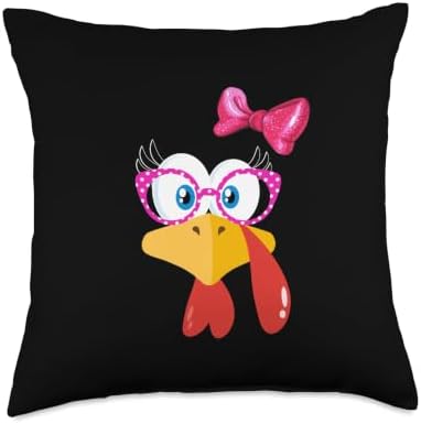 Turkey face Girl Pink Bow Shirt Funny Thanksgiving Women Throw Pillow by Unknown
