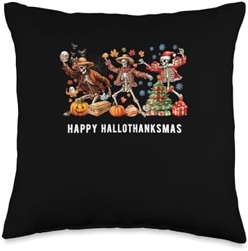 Halloween Thanksgiving Christmas HalloThanksMas Skeleton Throw Pillow by Unknown